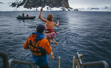 Passenger enjoying the Polar Plunge experience in the Antarctic